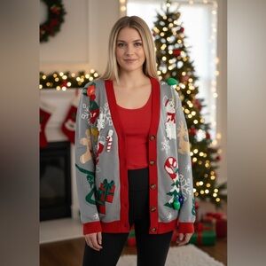 NEW Giggling Getup Women Medium Ugly Christmas Cardigan Grey 3D  Holiday